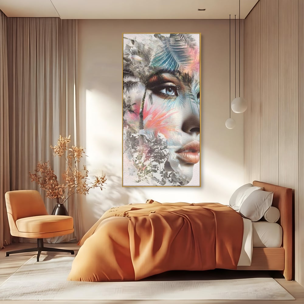 Tablou canvas cu tablou canvas cu portret feminin si palmieri, in rama de aluminiu auriu, pe perete intr-un dormitor